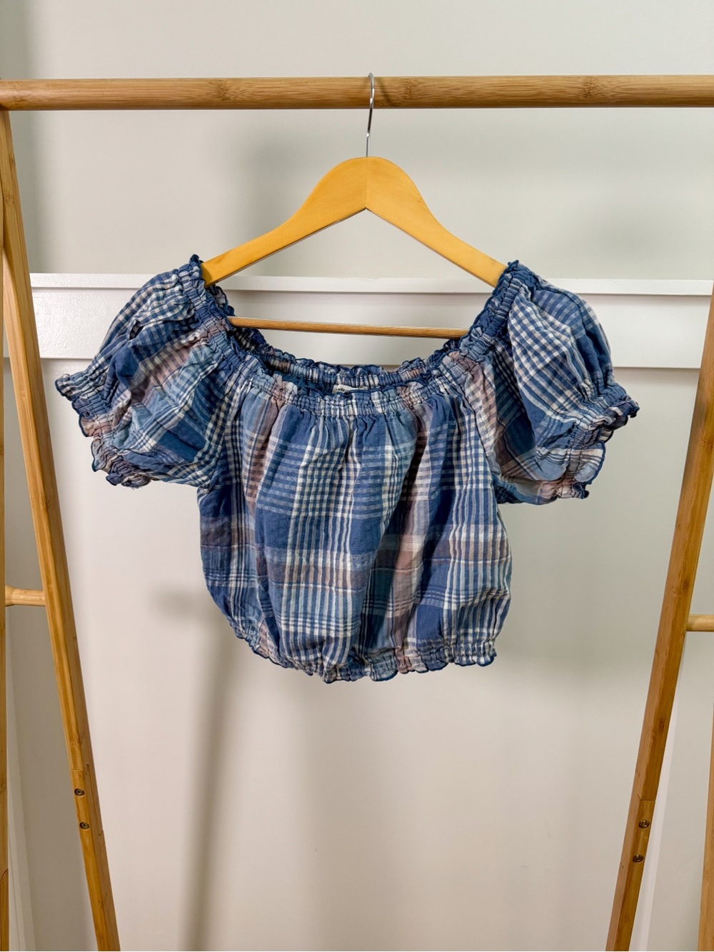 American Eagle Outfitters Blue Plaid Off-Shoulder Crop Top